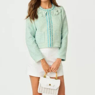 Light Blue Tweed Cropped Jacket With Pearls