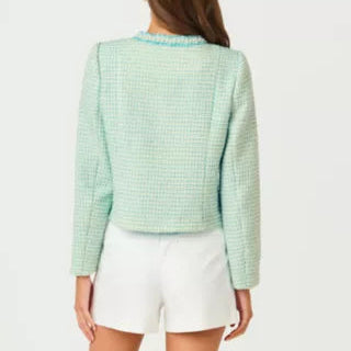 Light Blue Tweed Cropped Jacket With Pearls
