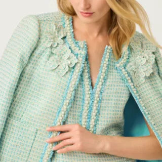 Light Blue Tweed Cropped Jacket With Pearls