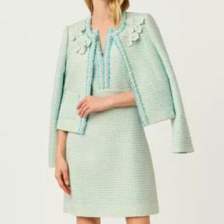 Light Blue Tweed Cropped Jacket With Pearls