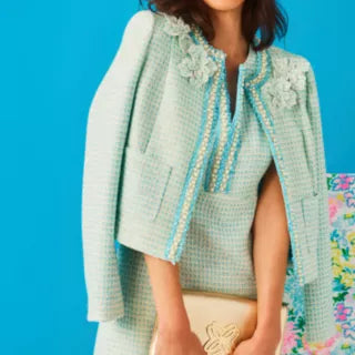 Light Blue Tweed Cropped Jacket With Pearls