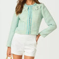 Light Blue Tweed Cropped Jacket With Pearls