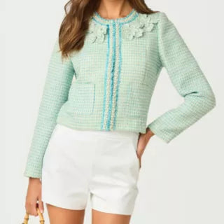 Light Blue Tweed Cropped Jacket With Pearls