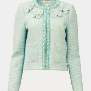 Light Blue Tweed Cropped Jacket With Pearls