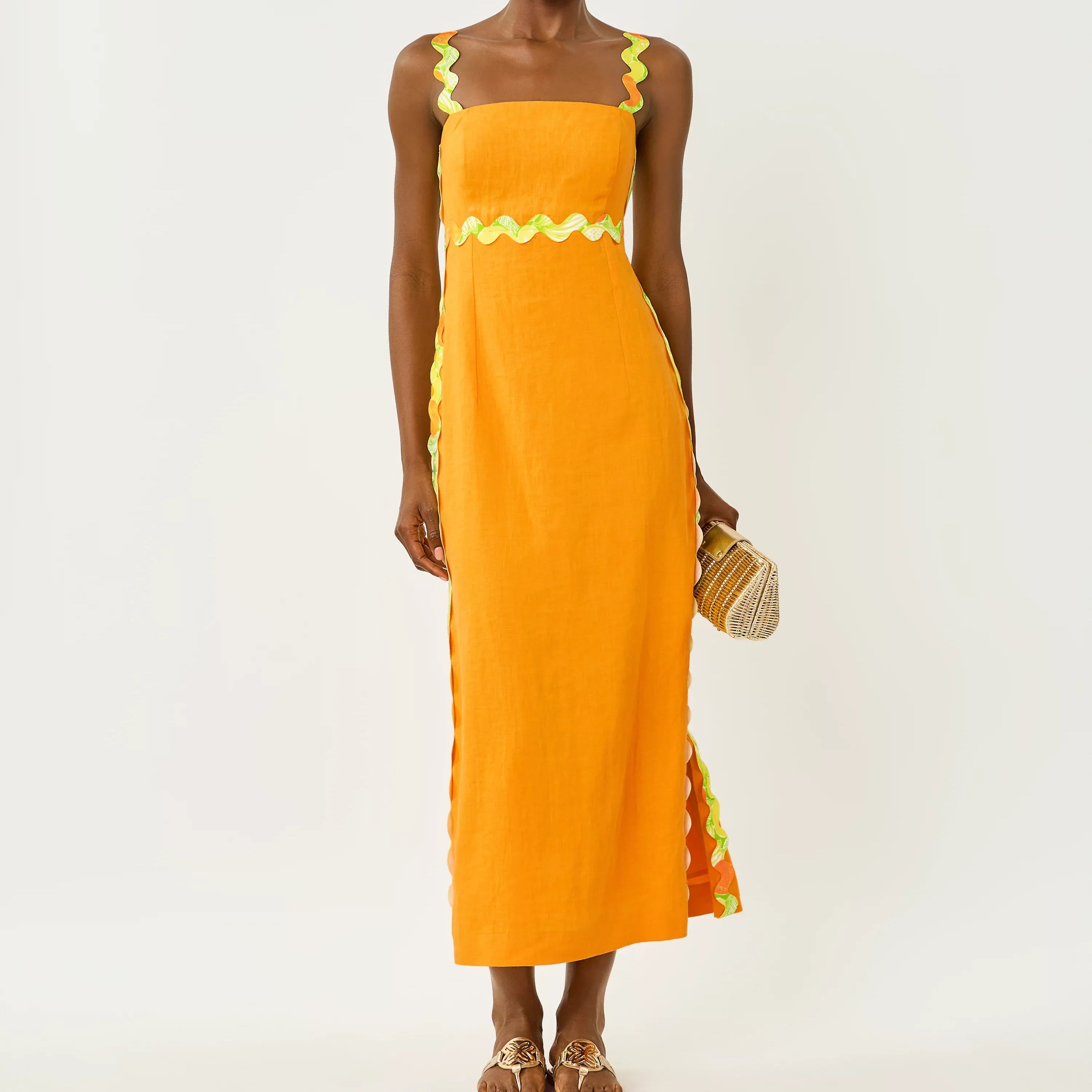 Midi Camisole Dress With Colorful Wavy Trim