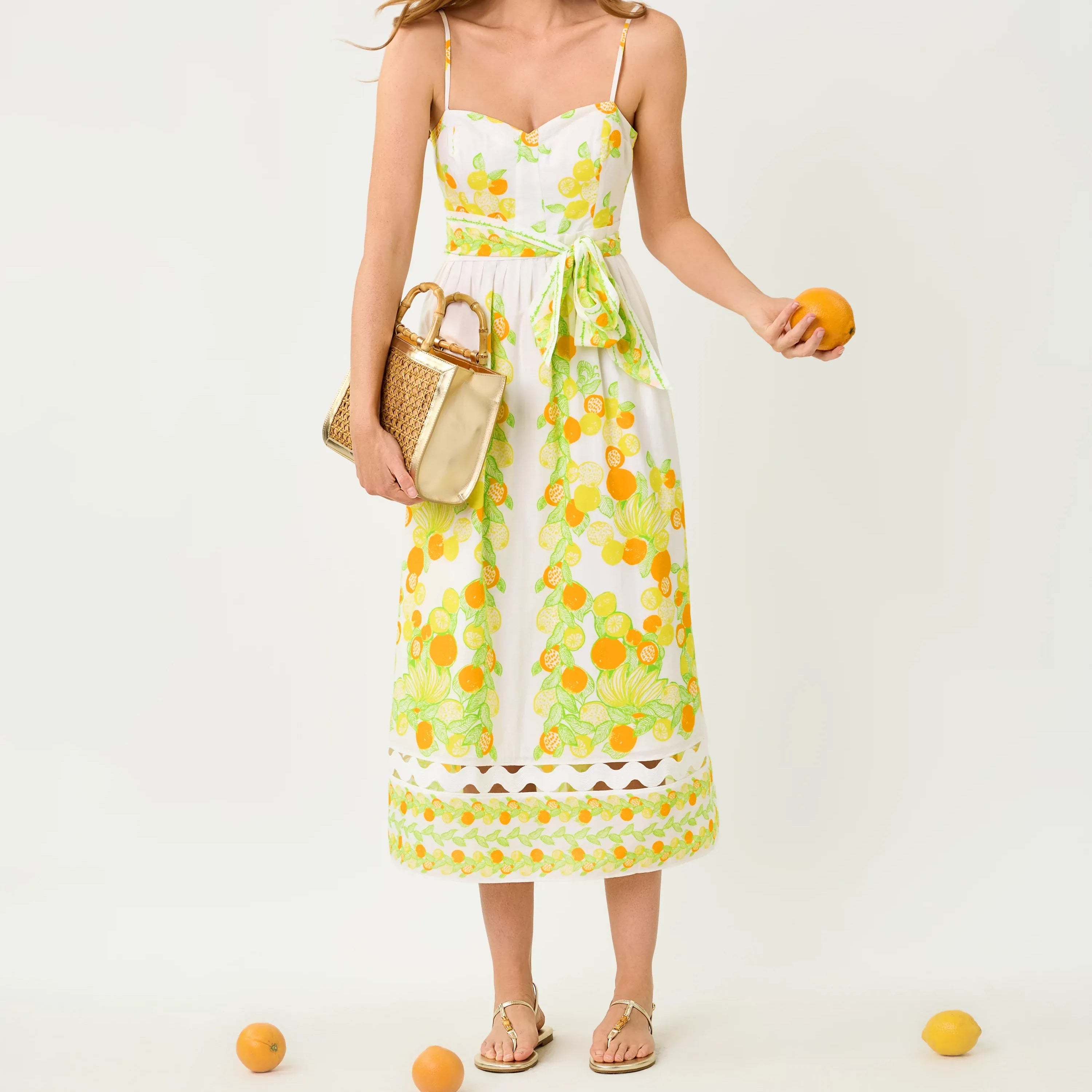 Orange Print Camisole Midi Dress With A Fitted Waist