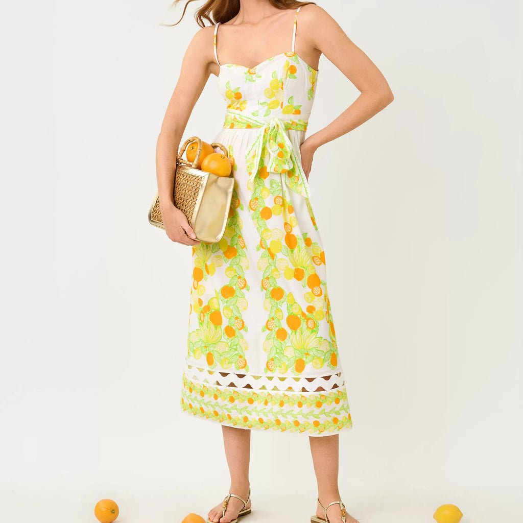 Orange Print Camisole Midi Dress With A Fitted Waist
