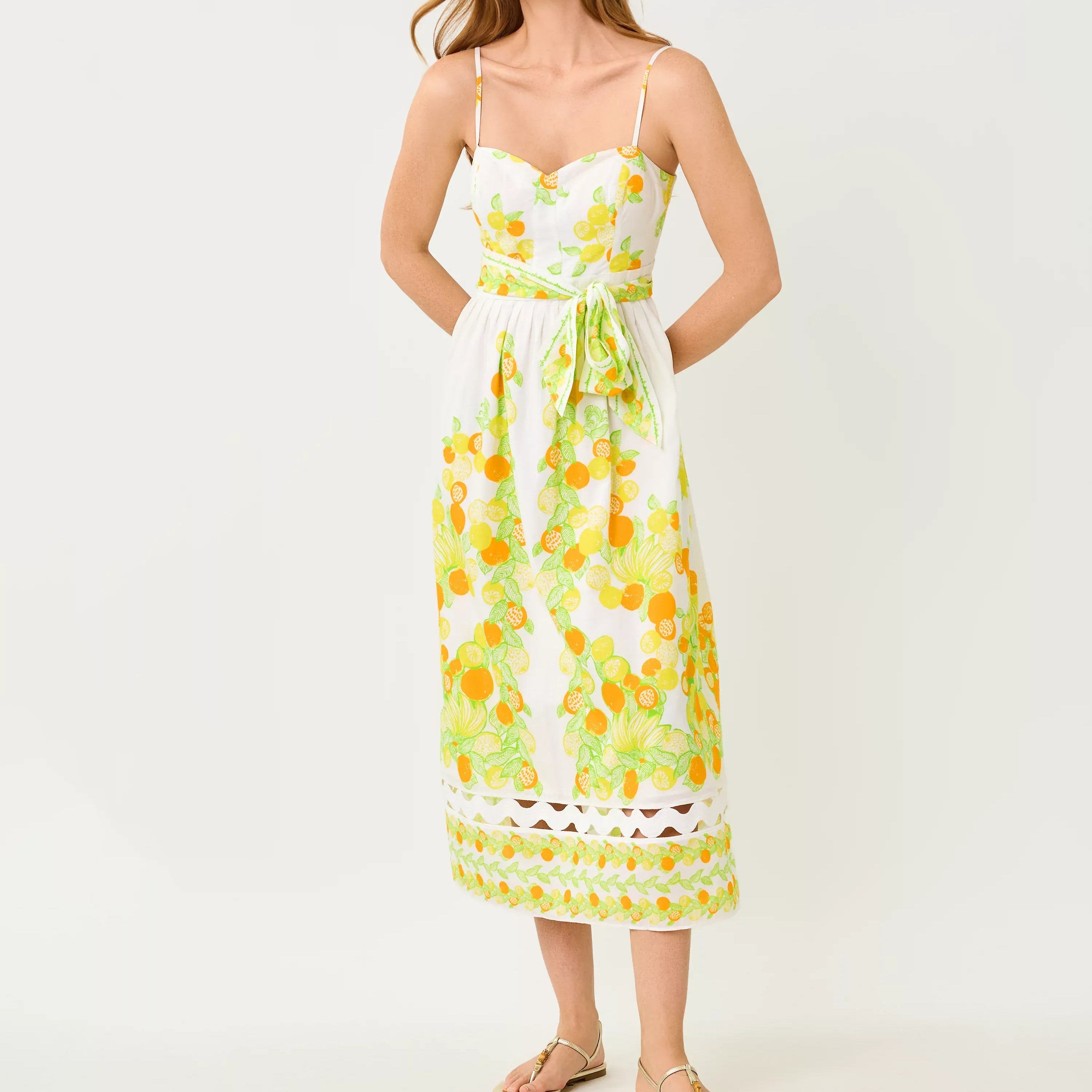 Orange Print Camisole Midi Dress With A Fitted Waist