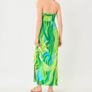 Tropical Print Strapless Maxi Dress With A Slit