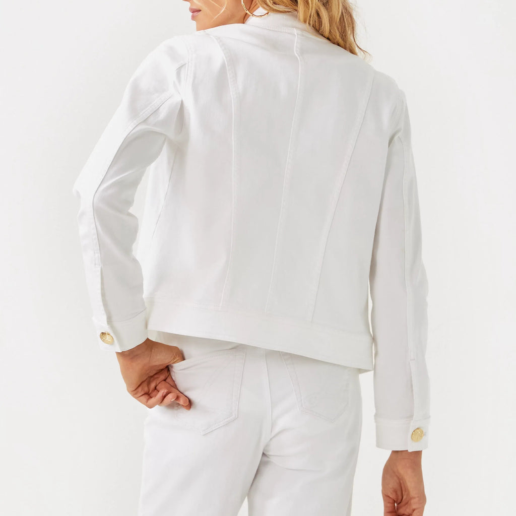 White Denim Cropped Jacket With A Stand Collar